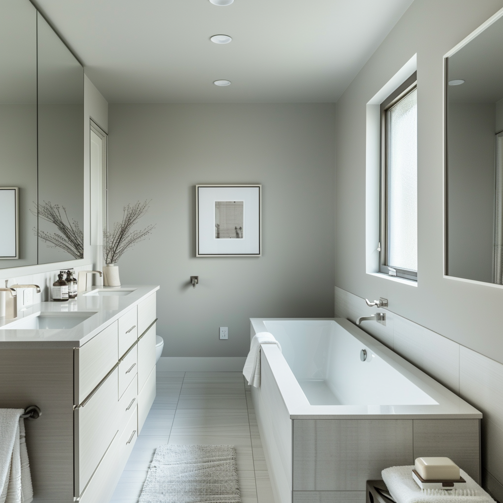 A serene mid-century modern bathroom with a monochromatic color scheme, using variations of a single hue to create depth and interest4