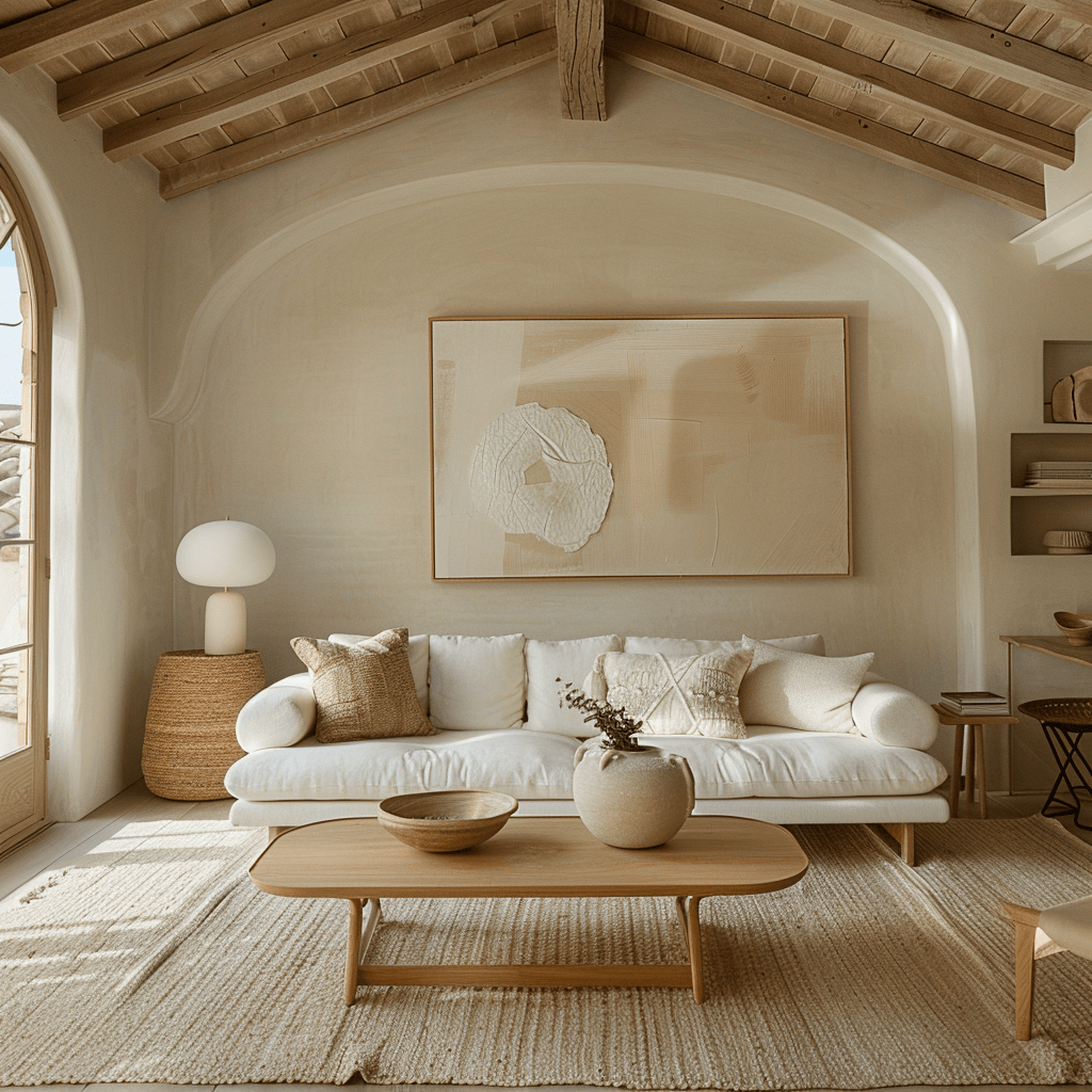 A serene mid-century modern living room with a creamy white sofa, beige walls, and light wood furniture, creating a calm and inviting atmosphere perfect for relaxation2