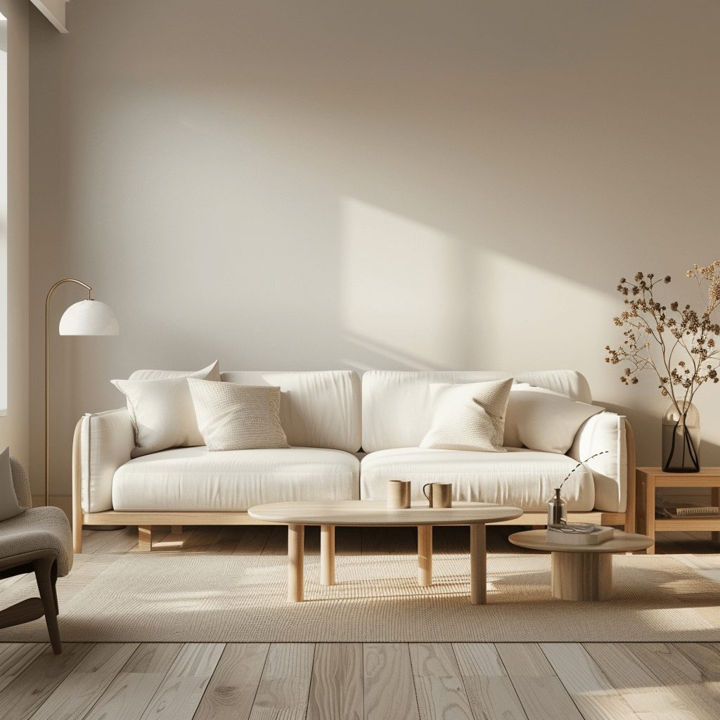 A serene mid-century modern living room with a creamy white sofa, beige walls, and light wood furniture, creating a calm and inviting atmosphere perfect for relaxation3