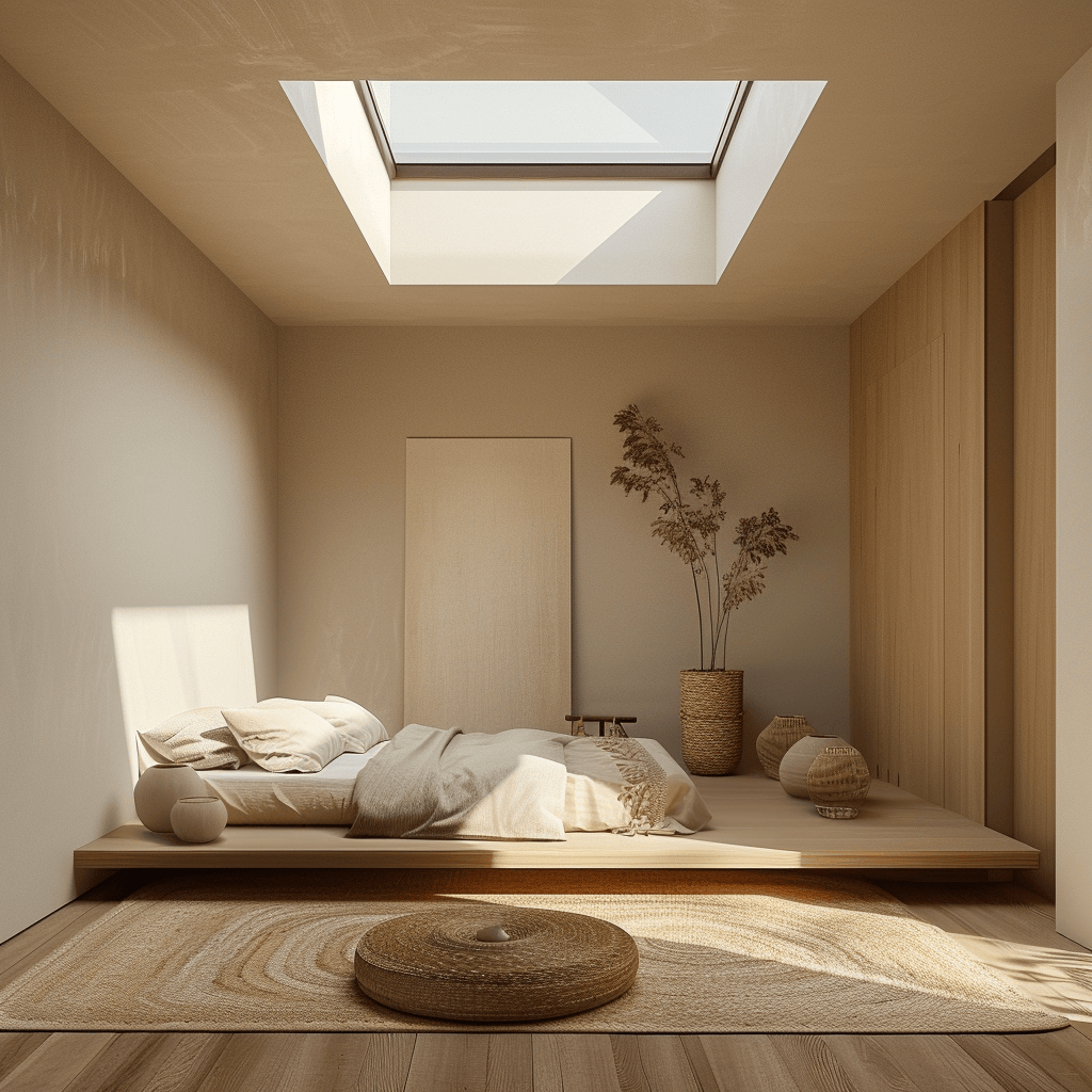 A serene minimalist bedroom showcasing the transformative power of skylights, which enhance the sense of openness and connection to the outdoors