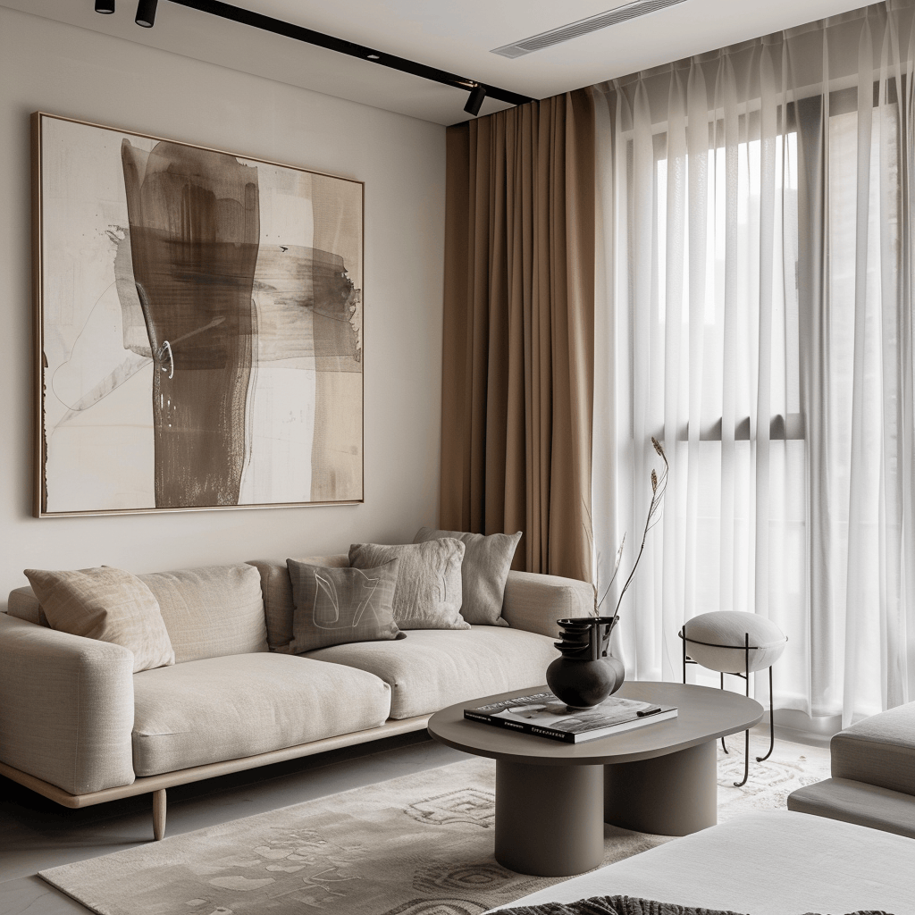 A serene, minimalist living room in neutral colors with a couch, coffee table, and abstract art, lit by soft natural light through sheer curtains4