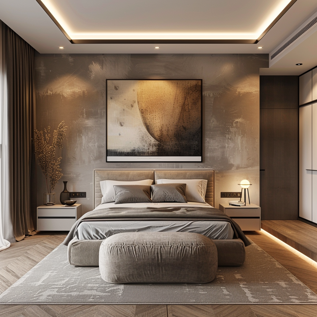 A serene modern bedroom devoid of any televisions or electronic devices, promoting a peaceful and distraction-free environment2