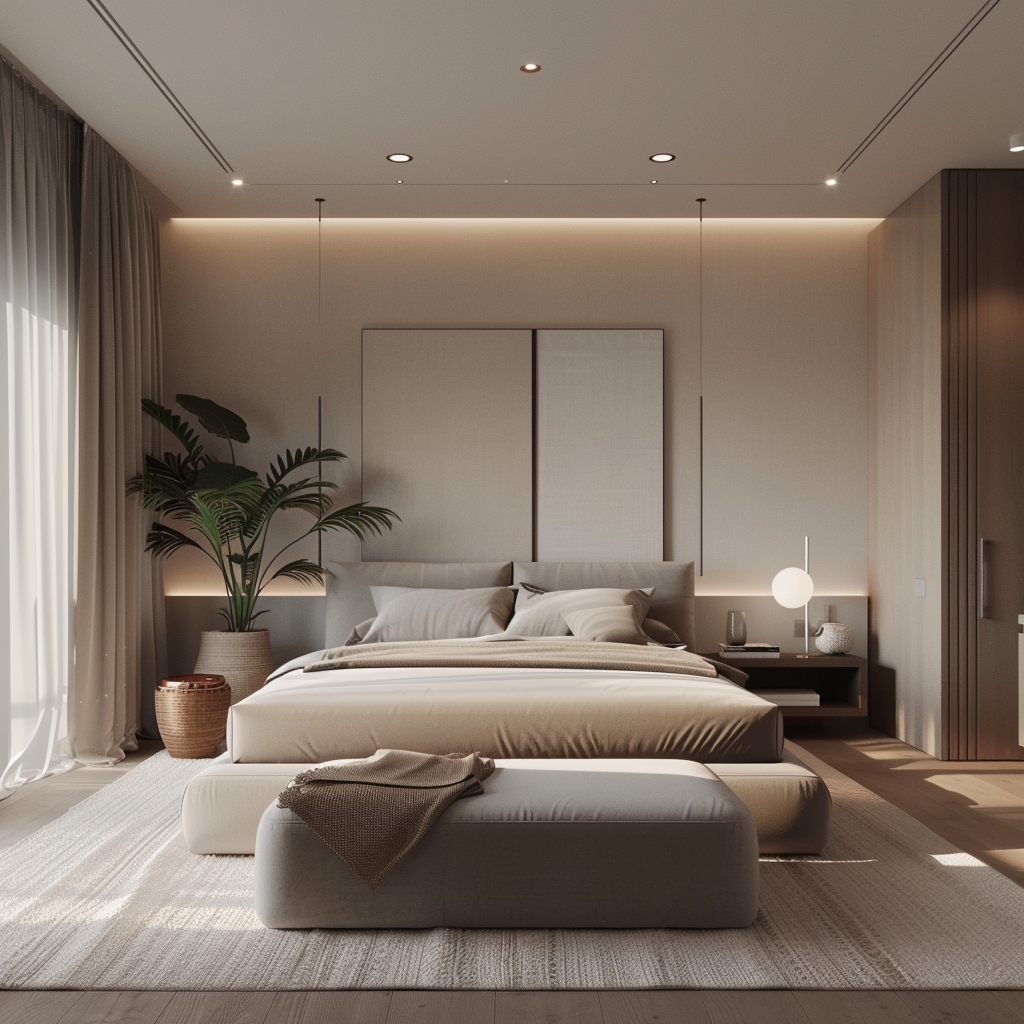 A serene modern bedroom with a minimalist design, soft neutral colors, and plush bedding, creating a peaceful sleep sanctuary2