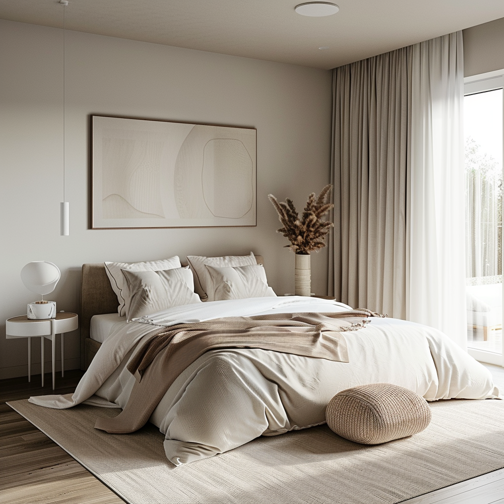 A serene modern bedroom with a minimalist design, soft neutral colors, and plush bedding, creating a peaceful sleep sanctuary3