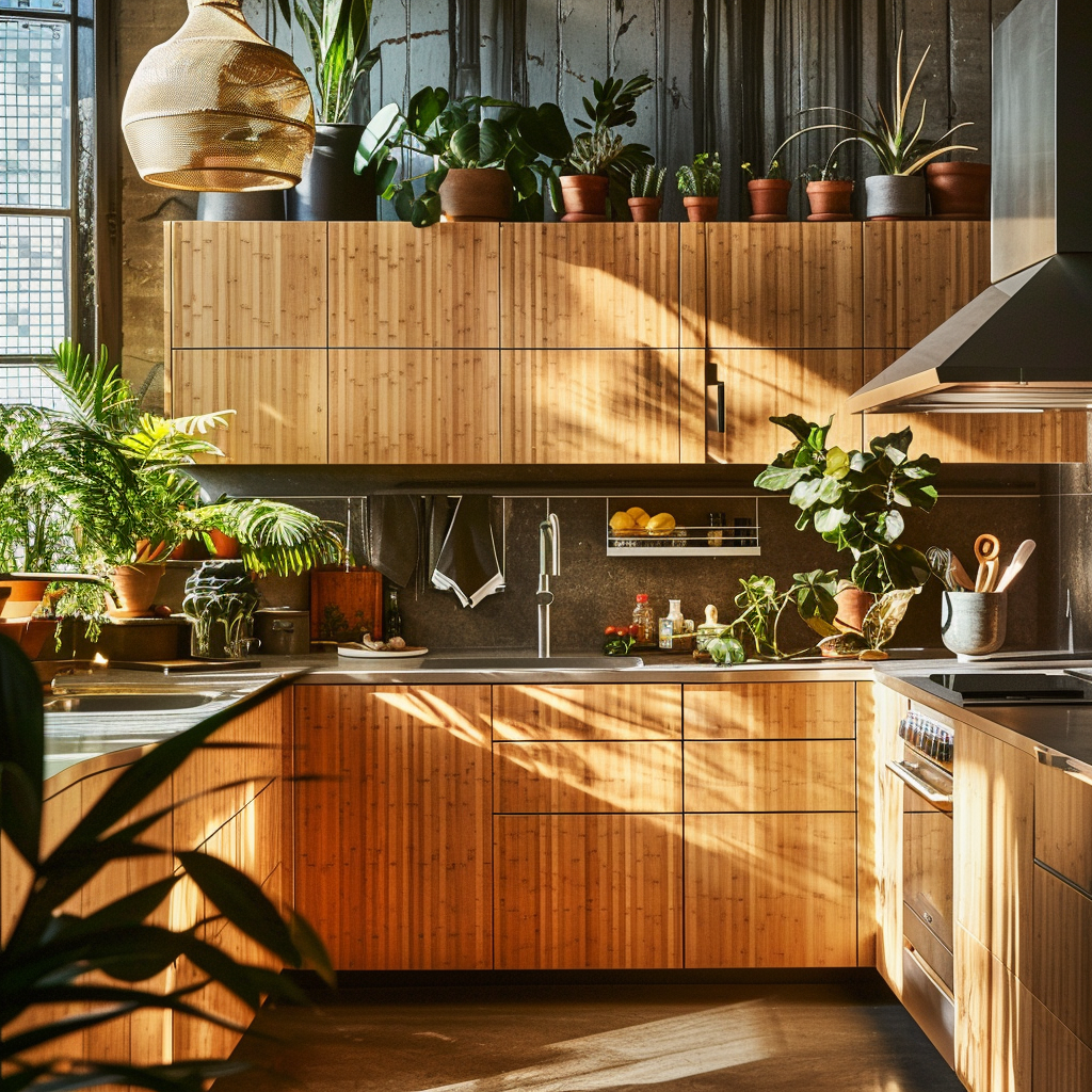 A serene, natural kitchen with cabinets made from sustainably sourced bamboo, featuring low-VOC finishes and energy-efficient LED lighting, set against a backdrop of lush, potted plants