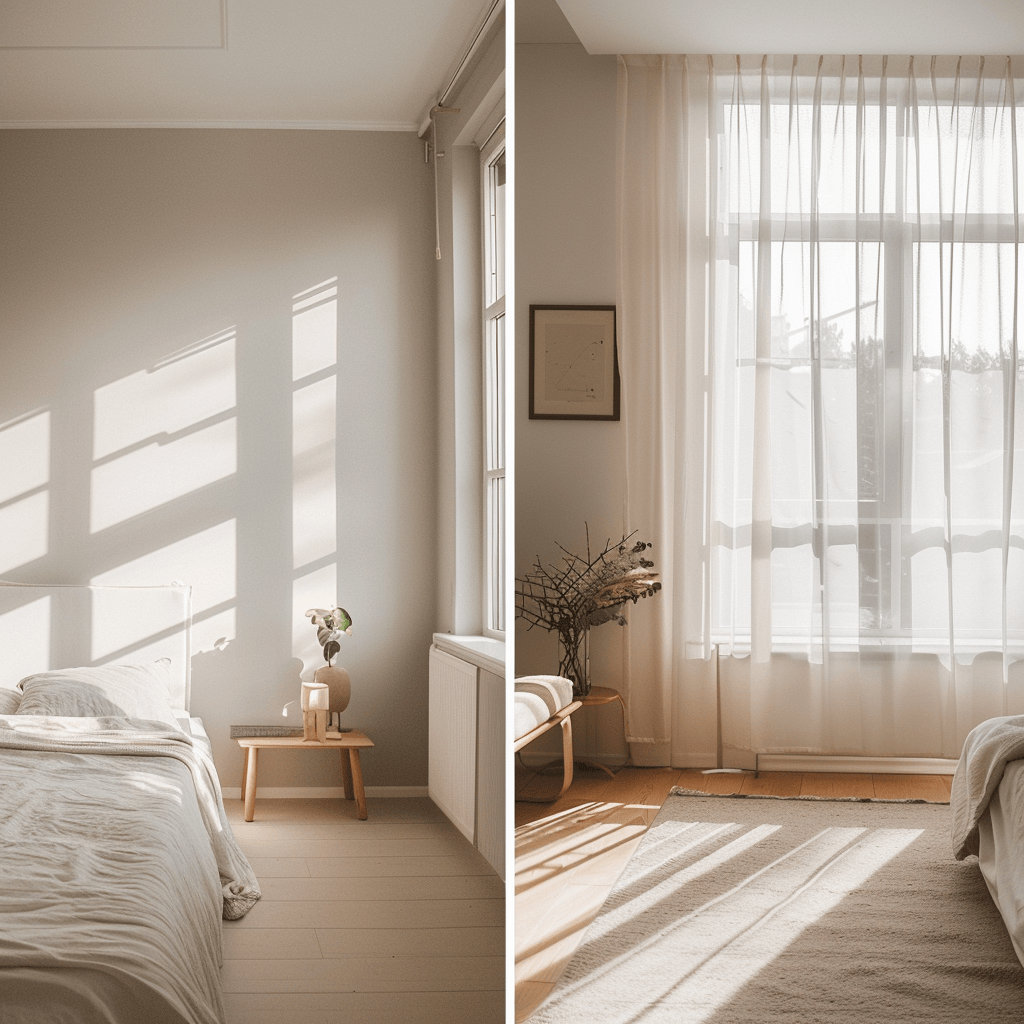 A series of images showing the transformation of a room from cluttered to serene and minimalist, featuring the removal of excess items, simplification of the color palette, and incorporation of simple decor4