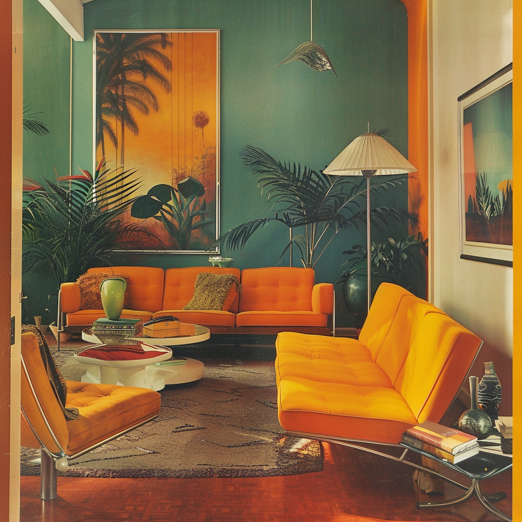 A series of mid-century modern rooms, each showcasing the psychological impact of different color schemes (energizing, tranquil, and warm)4