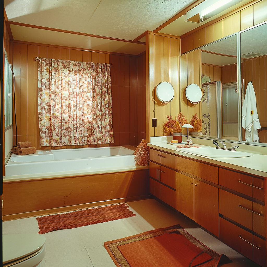 A showcase of mid-century modern bathroom innovations, such as the use of plastic, fiberglass, and space-saving solutions, highlighting the era's design ingenuity4