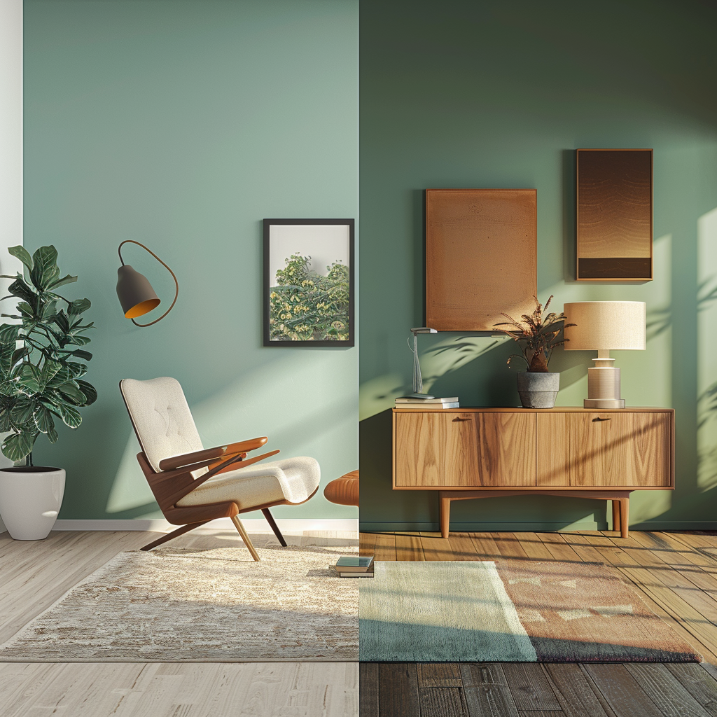 A side-by-side comparison of a classic mid-century modern interior and a contemporary space inspired by the same color principles and design elements1