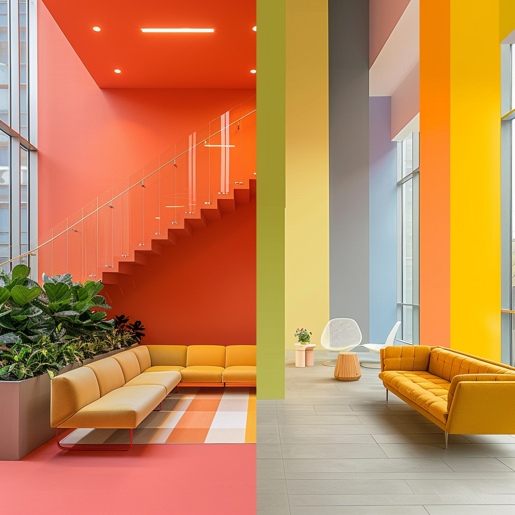 A side-by-side comparison of a lackluster, single-color interior and an energetic, multi-hued modern space, showcasing the transformational influence of color in design