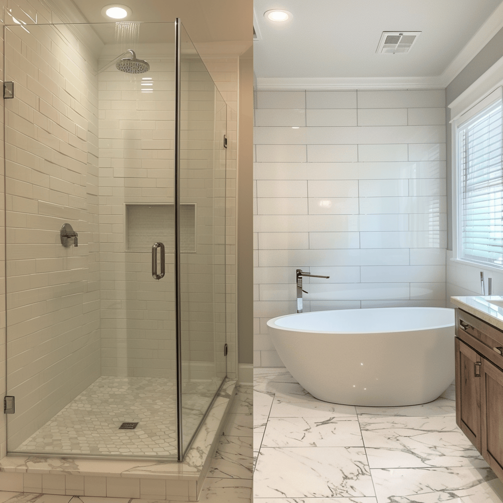 A side-by-side comparison of a luxurious, walk-in shower and a freestanding soaking tub, illustrating the different bathing options available for a bathroom remodel