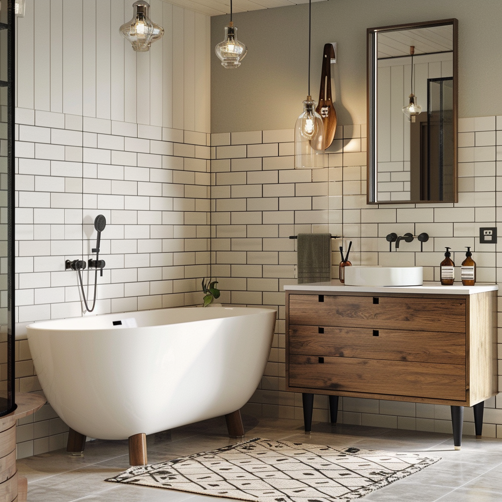 A side-by-side comparison of a mid-century modern bathroom and a contemporary bathroom inspired by its timeless design principles, showcasing its lasting influence2