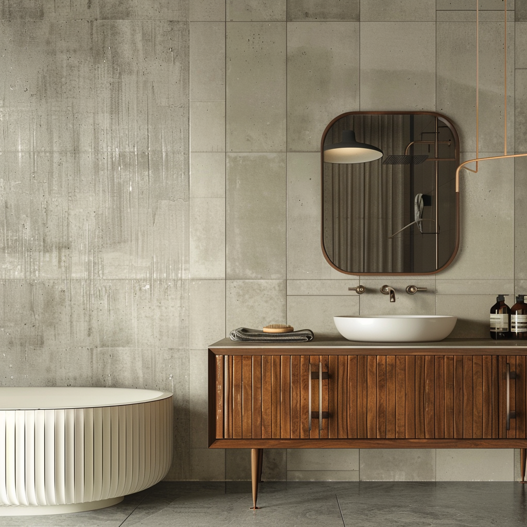 A side-by-side comparison of a mid-century modern bathroom and a contemporary bathroom inspired by its timeless design principles, showcasing its lasting influence3