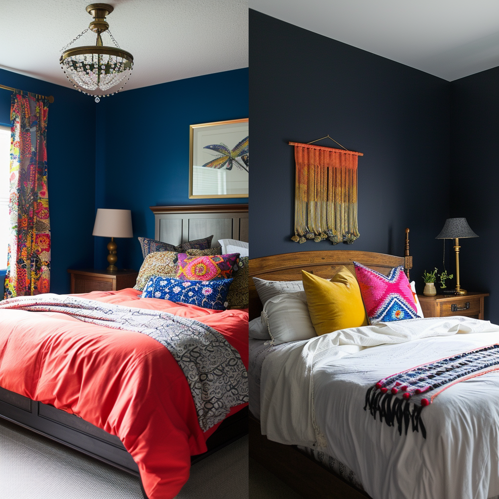 A side-by-side comparison of an eclectic bedroom before and after a transformation, highlighting the dramatic change from a dull, uninspired space to a vibrant, personality-filled retreat