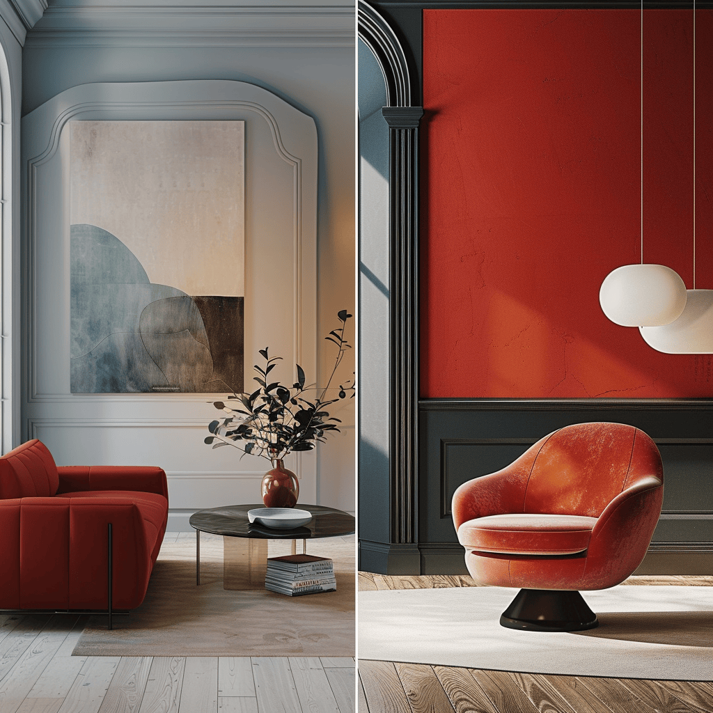 A side-by-side comparison of two modern interiors, one featuring timeless, classic colors and the other showcasing trendy, of-the-moment hues, illustrating the contrast between enduring and fleeting color choices