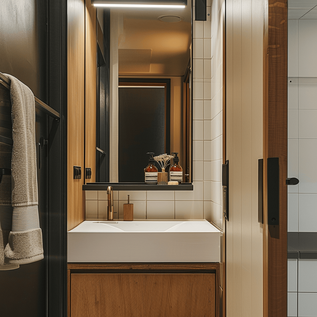 A small bathroom with clever storage solutions, a wall-mounted sink, and a space-saving sliding door, bathroom