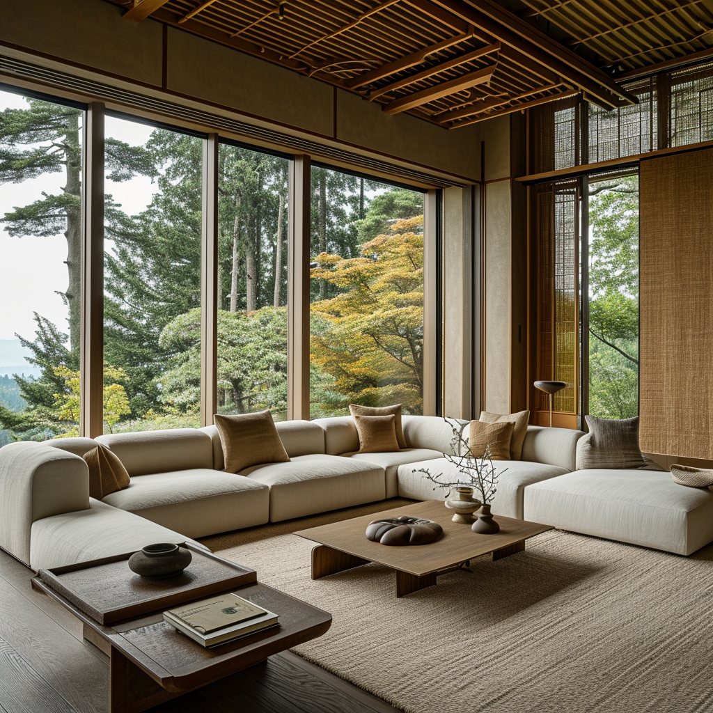 A small living room transformed into a Japanese retreat with folding screens.
