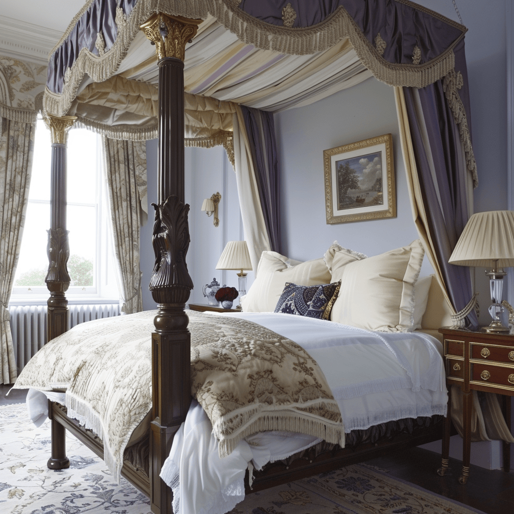 A sophisticated English countryside manor bedroom with soft blue walls, a luxurious four-poster bed with creamy white linens, and elegant accents in deep purple and gold