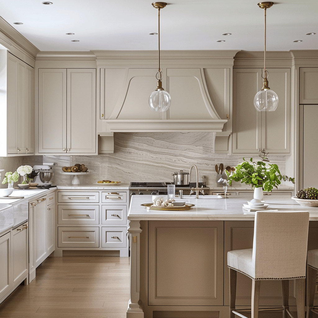 A sophisticated kitchen with cabinets in a soothing, neutral palette of whites, grays, and beiges, creating a calm, serene atmosphere that is both timeless and inviting