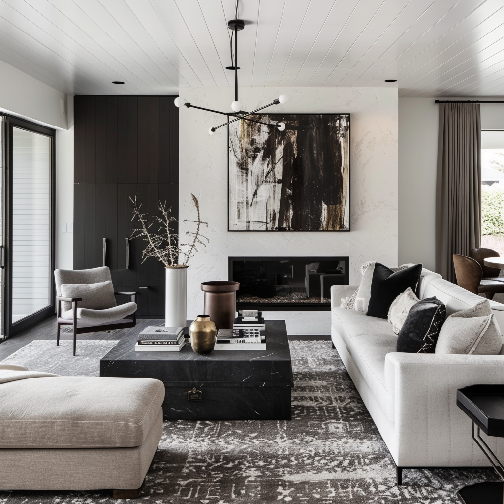 A sophisticated mid-century modern interior with a palette of white, gray, and black, creating a timeless and elegant atmosphere2