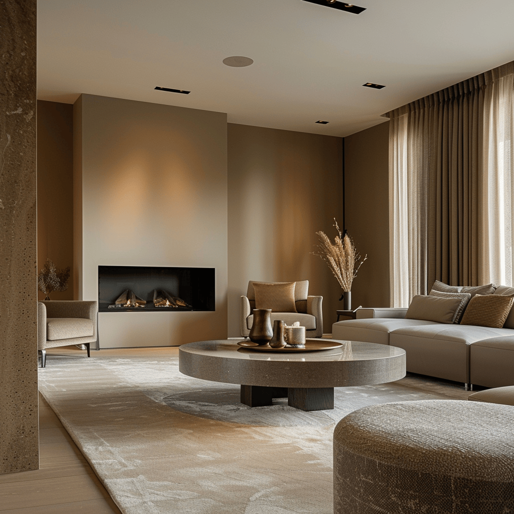 A sophisticated modern living room with a palette of warm beiges and taupes, creating an inviting and timeless atmosphere