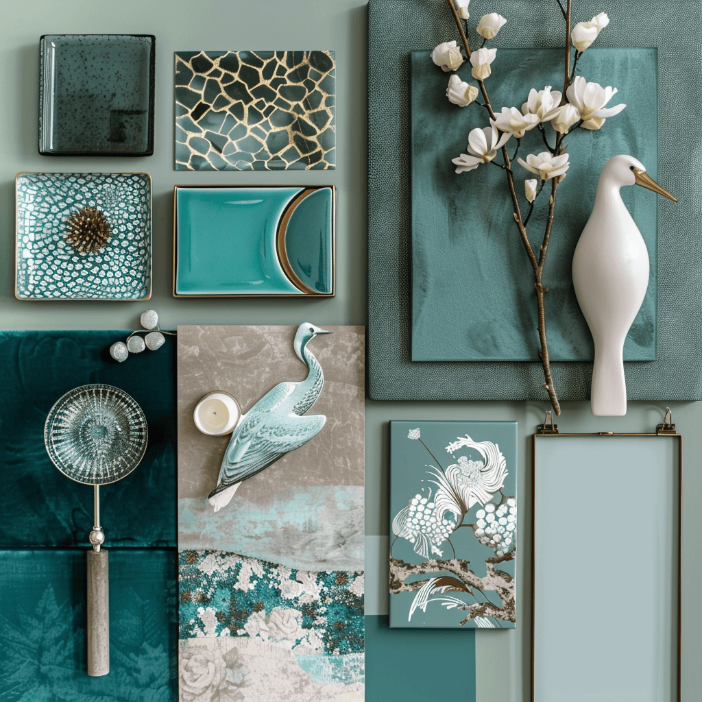 A sophisticated moodboard featuring a range of teal shades, from deep oceanic hues to light aquamarine, for a refreshing interior design palette