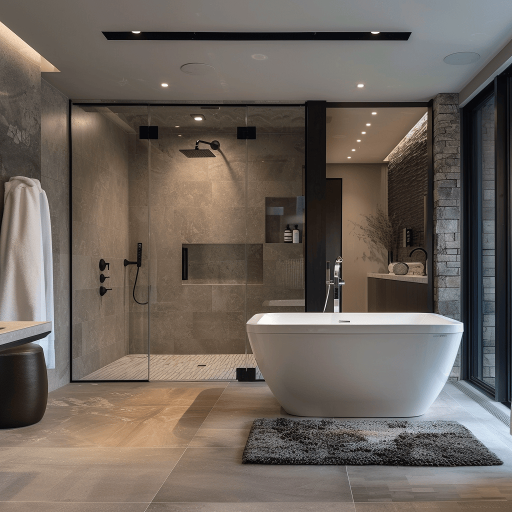 A spa-inspired modern bathroom with a freestanding tub, a walk-in shower with multiple body sprays, and a sleek sauna or steam room, modern bathroom