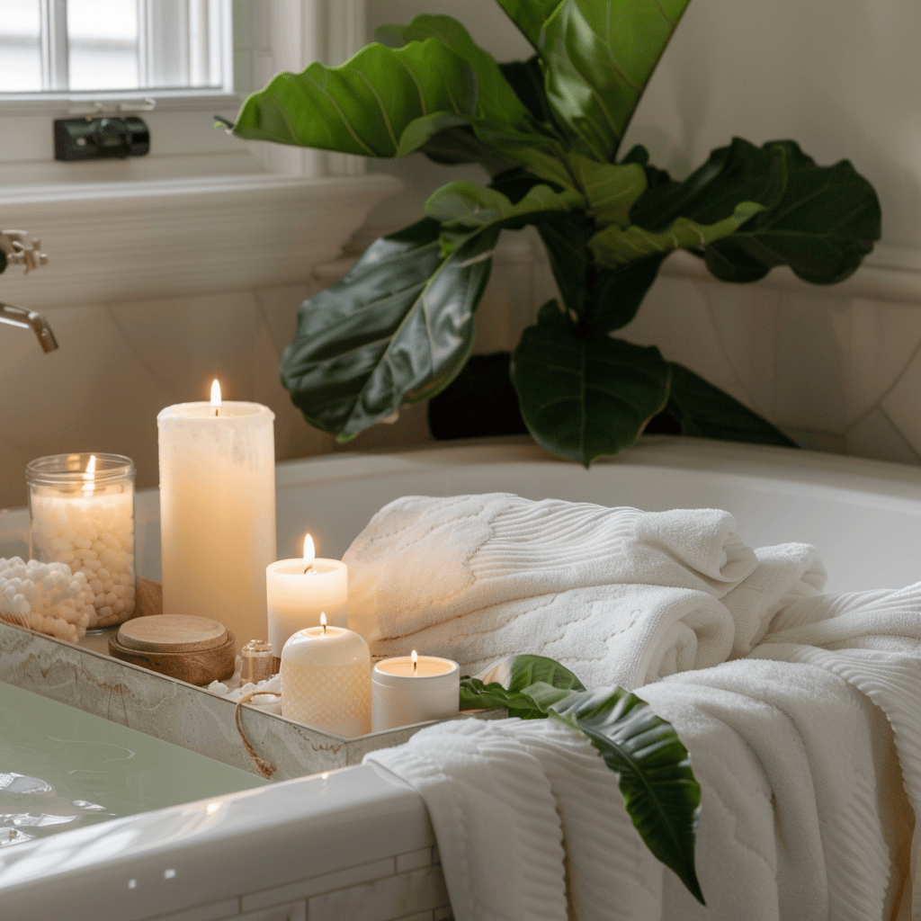 A spa-like bathroom with plush white towels, a green leafy plant, and a tray filled with candles and bath salts on the edge of the tub, bathroom