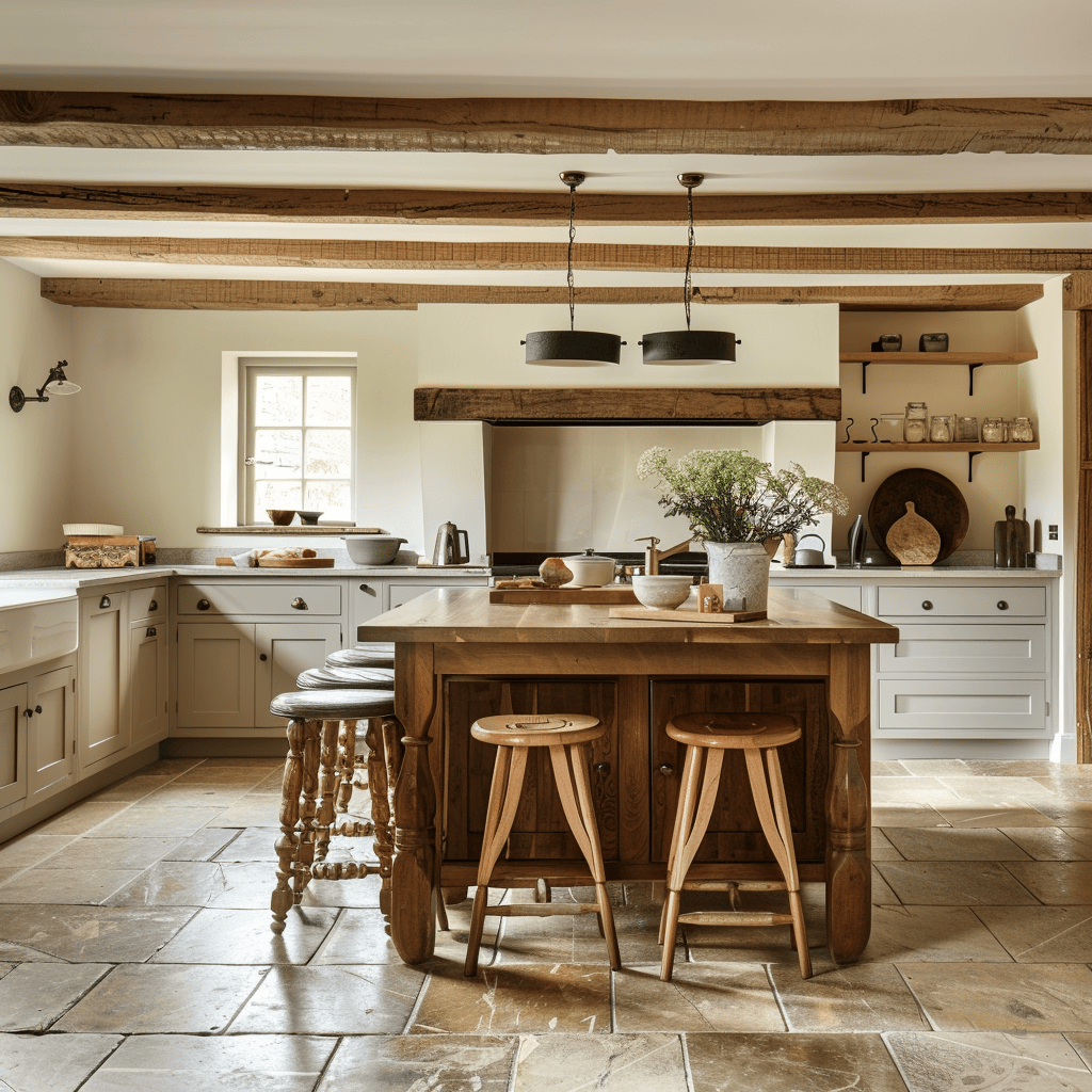 A spacious English countryside kitchen that serves as the heart of the home, where loved ones gather to cook, eat, and socialise .png