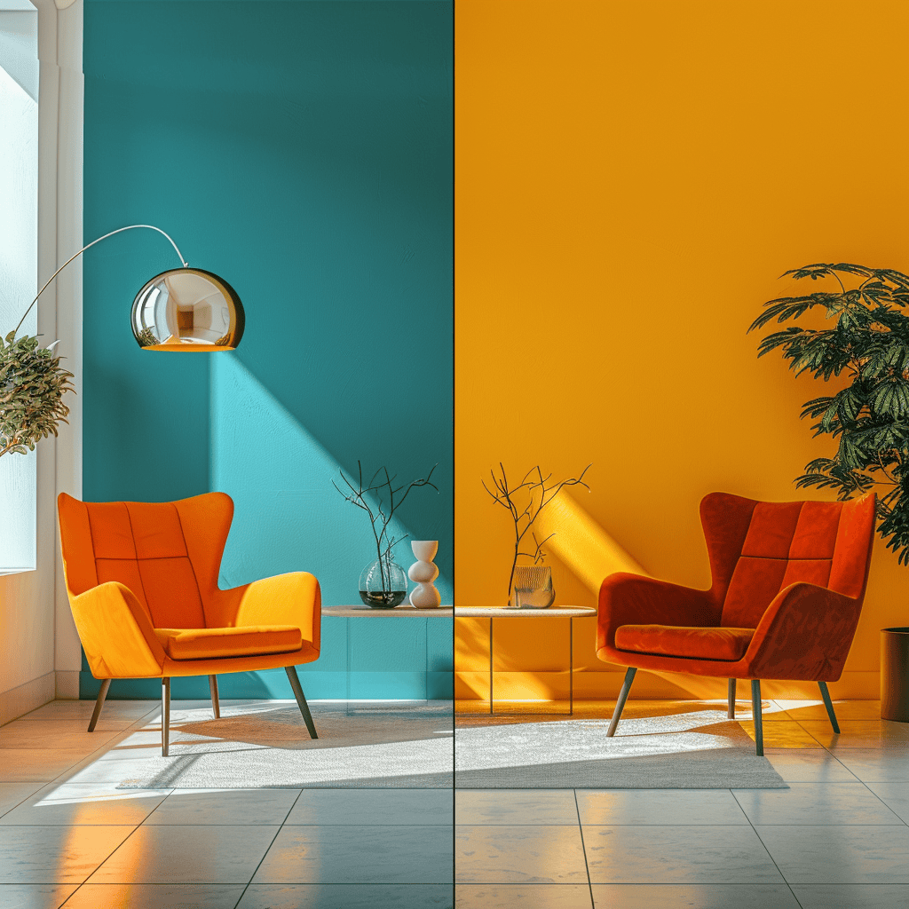 A split image of a room, contrasting a bright, bold color scheme with a calming, minimalist neutral palette, showcasing the impact of color on mood and perception4