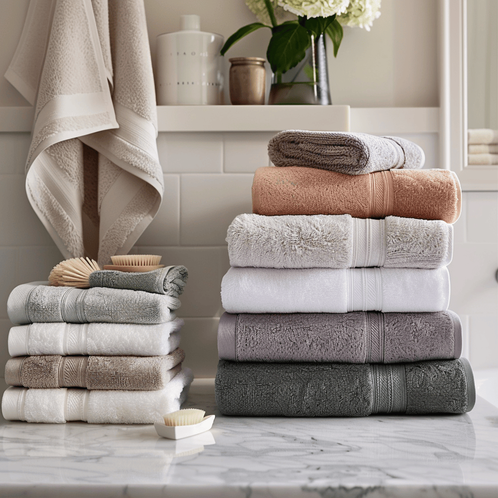 A stack of plush, high-quality towels and linens in a range of soft, neutral colors, displayed in a remodeled bathroom