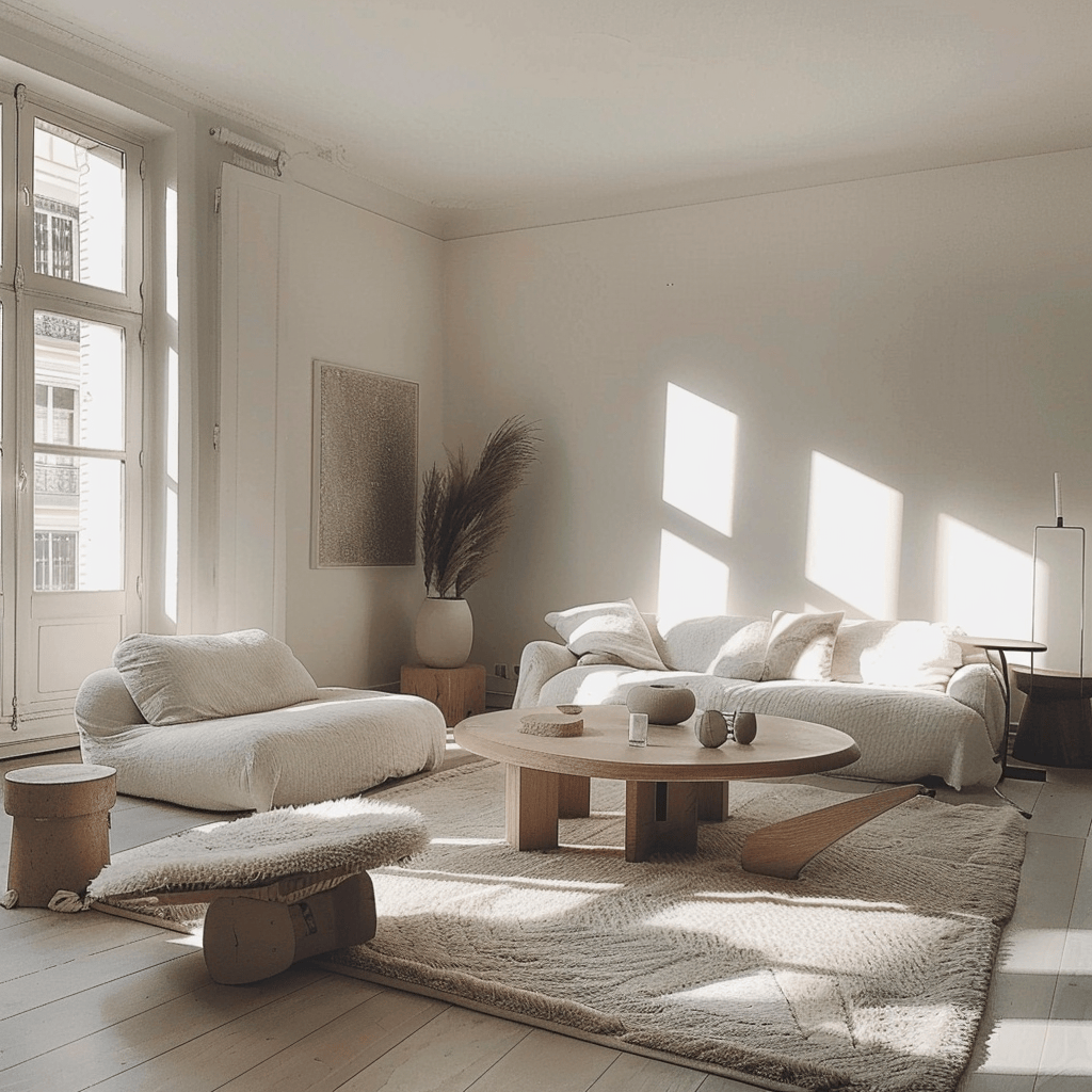A stunning real-life example of a minimalist living room, showcasing clean lines, neutral colors, and a functional layout that can be adapted to personal style preferences