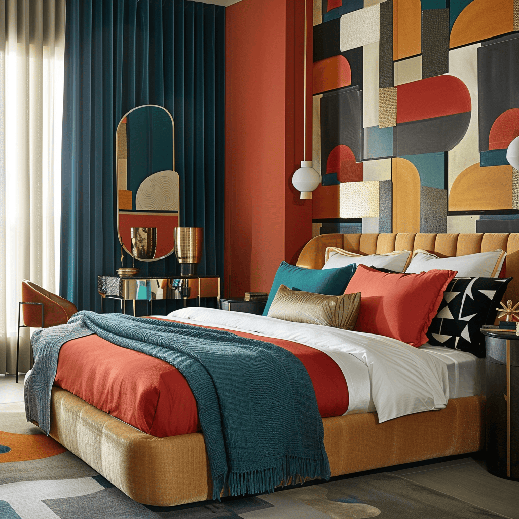 A stylish modern bedroom with a captivating geometric accent wall, complemented by colorful accessories and furniture in teal, coral, and gold tones, creating a visually stunning space