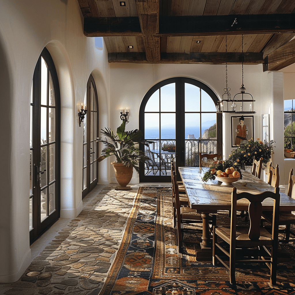 A sun-drenched Mediterranean dining room with a cozy atmosphere, perfect for enjoying leisurely meals with family and friends