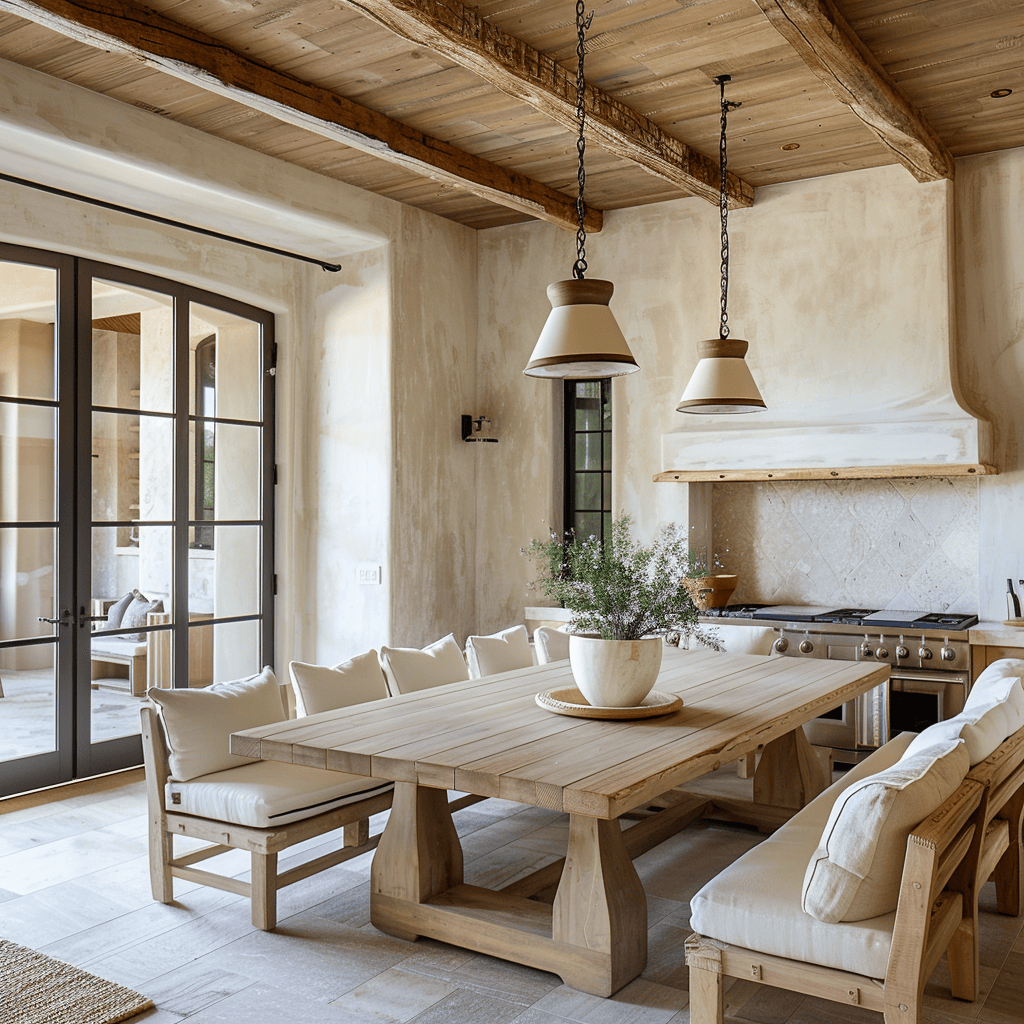 A sun-drenched Mediterranean dining room with a luminous ambiance, thanks to strategically placed windows and a light color palette