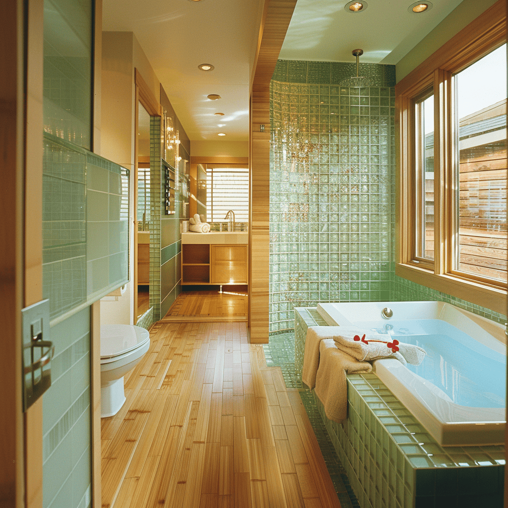 A sustainable modern bathroom that incorporates recycled glass tiles, reclaimed wood, or bamboo flooring, showcasing responsible material choices, modern bathroom