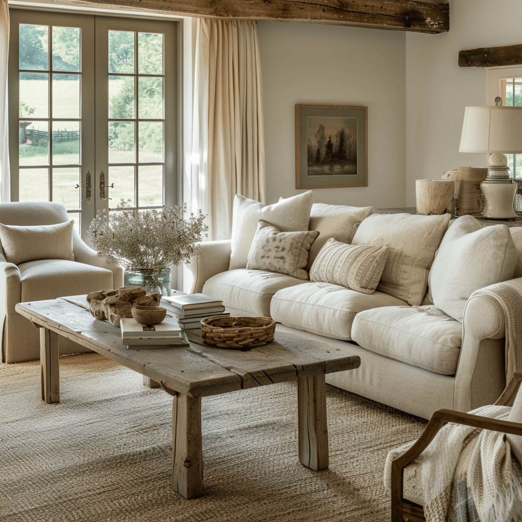 A thoughtfully curated selection of furniture that creates a cozy and inviting retreat within an English countryside living room, featuring plush seating and rustic accents