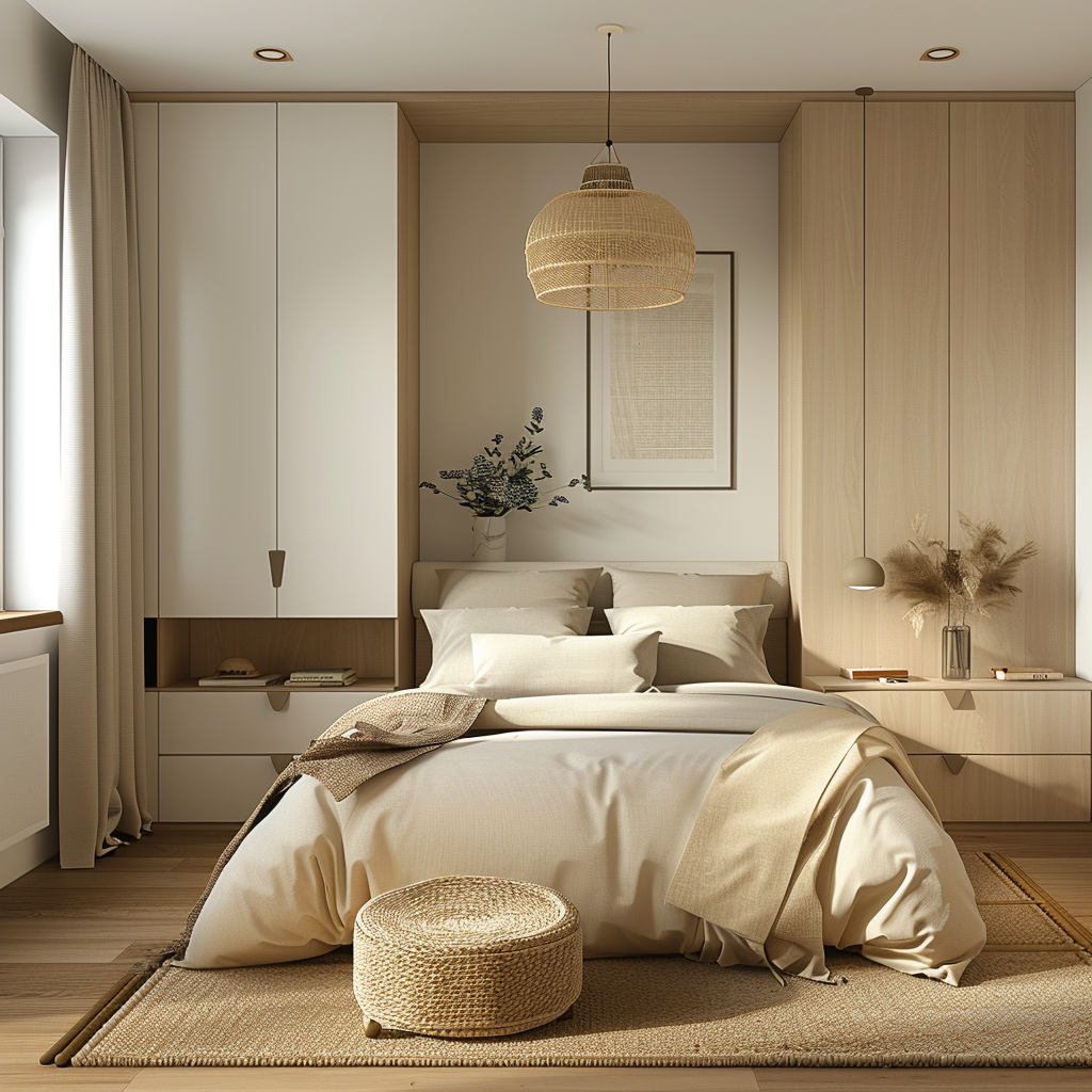 A tidy and organized modern bedroom with built-in storage solutions and a clean, uncluttered aesthetic, promoting serenity3