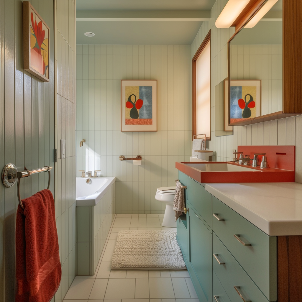 A timeless mid-century modern bathroom showcasing clean lines, bold colors, and functional design, demonstrating the enduring appeal of this iconic style3