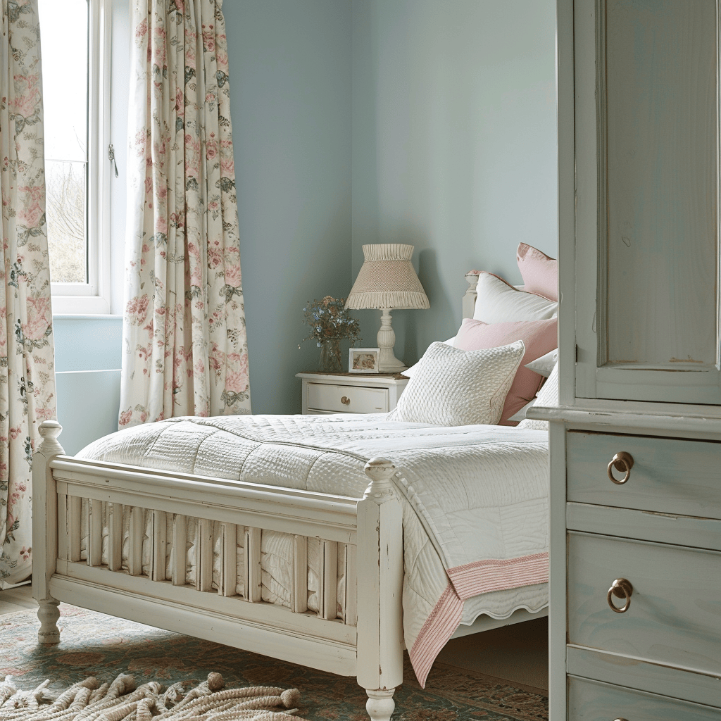 A tranquil English countryside bedroom with soft, muted blue walls, a creamy white wooden bed frame, and pale pink accents in the curtains and bedding, creating a serene, soothing atmosphere