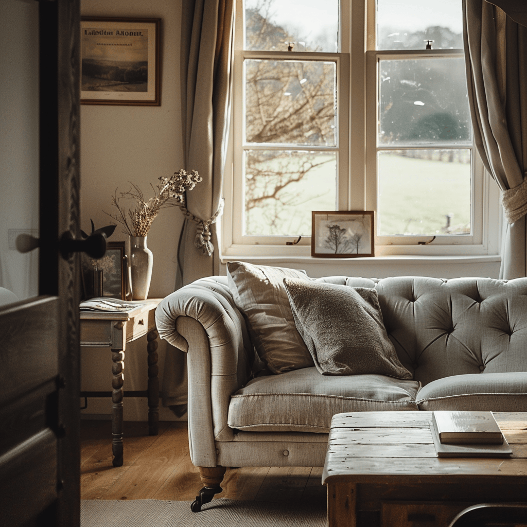 A tranquil English countryside living room with soft, soothing background music playing, featuring instrumental pieces or nature-inspired soundtracks that evoke the peacefulness of the countryside copy