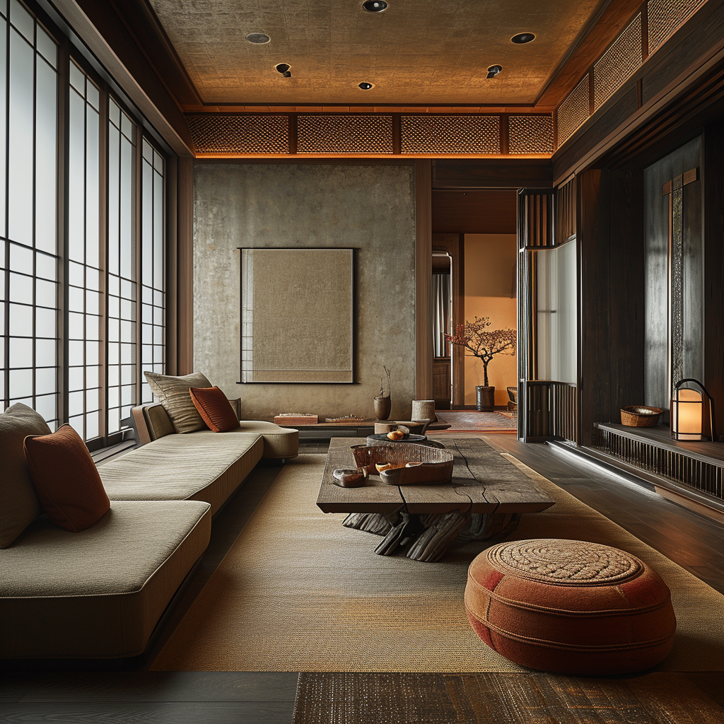 A tranquil Japanese living room with a rock garden and water feature.