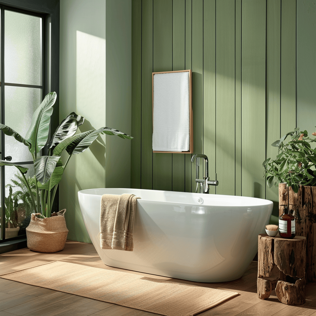 A tranquil modern bathroom with olive and sage green walls, paired with natural wood accents and potted plants, creating a serene and spa-like ambiance