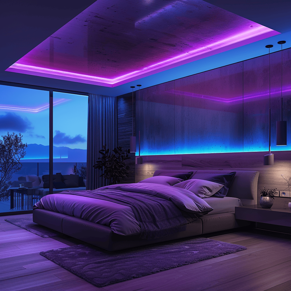 A trendy modern bathroom with colored LED strips behind the mirror and under the vanity, emitting a soothing, spa-like glow in shades of aqua and green