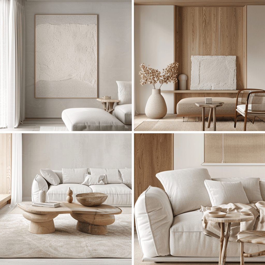 A triptych of minimalist interiors Scandinavian with white, pale wood, and soft pastels Japanese with natural materials and earthy tones Industrial with neutral tones and raw elements