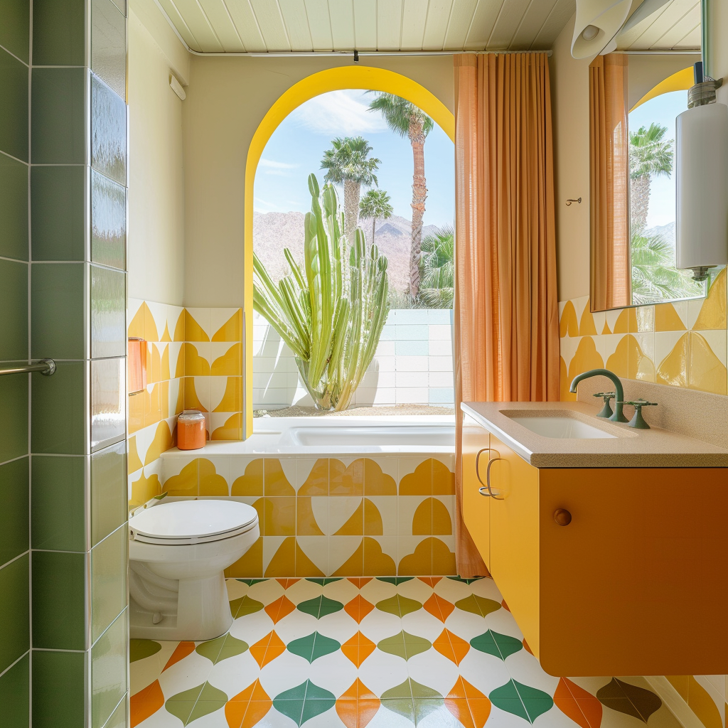 A vibrant Palm Springs mid-century modern bathroom showcasing bold colors, playful tilework, and sleek fixtures, capturing the essence of desert modernism1