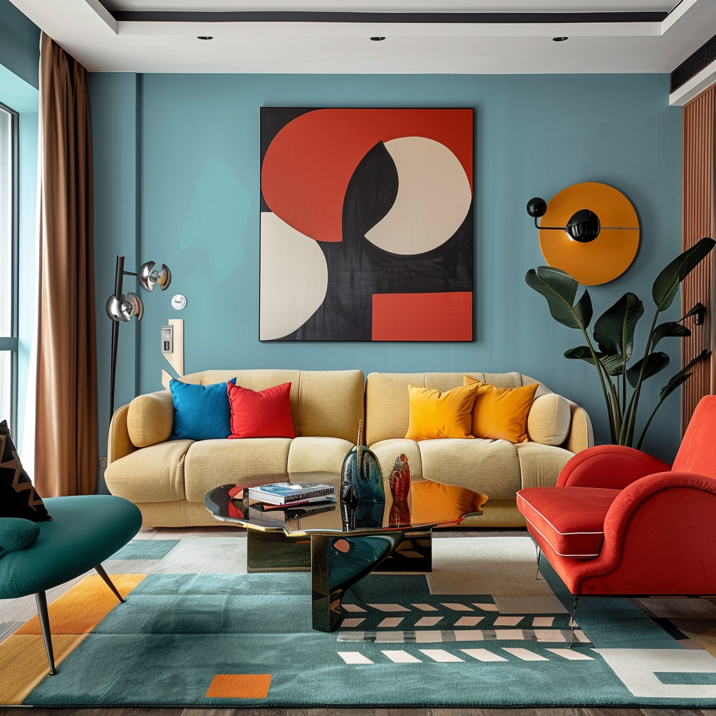 A vibrant and stylish living room interior with a mid-century modern color palette, featuring bold accents and sleek furniture3