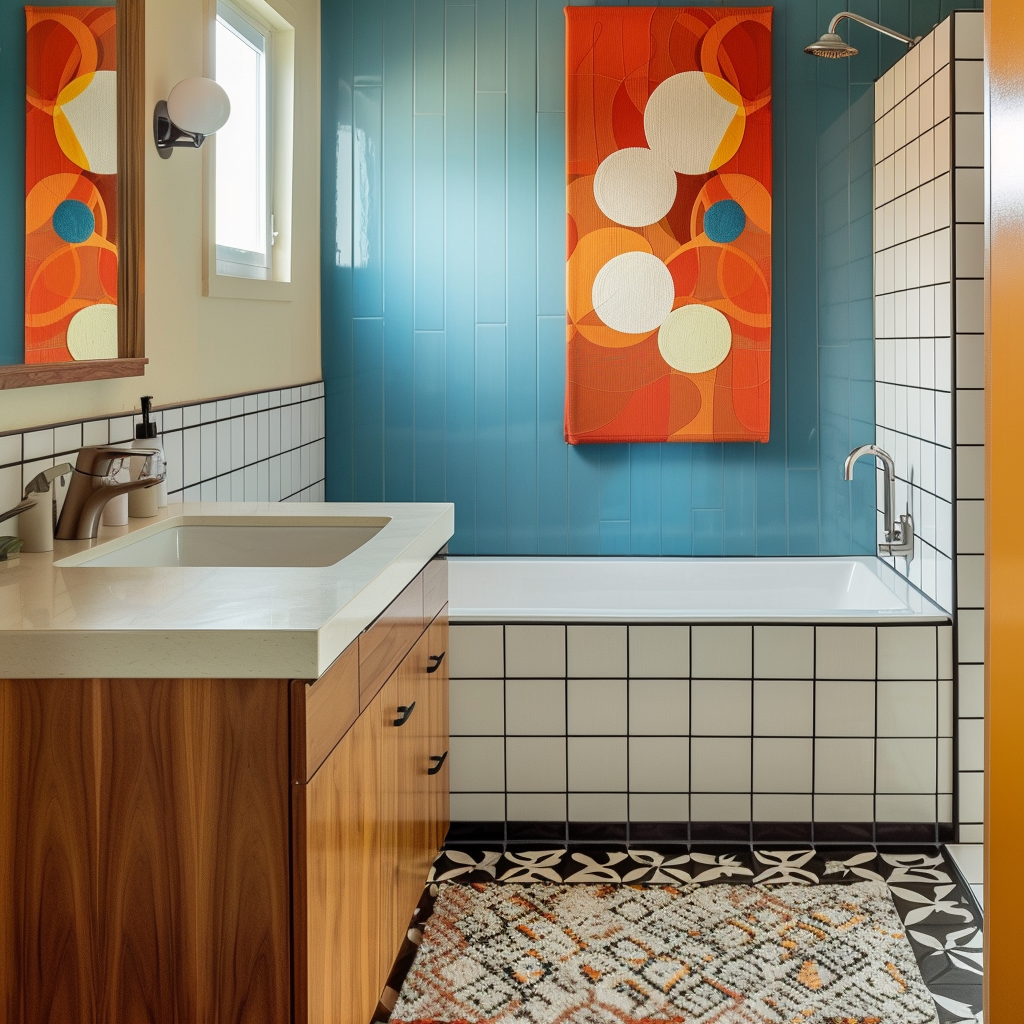 A vibrant mid-century modern bathroom featuring a combination of bold, eye-catching colors and neutral backgrounds, creating a dynamic and visually engaging space1