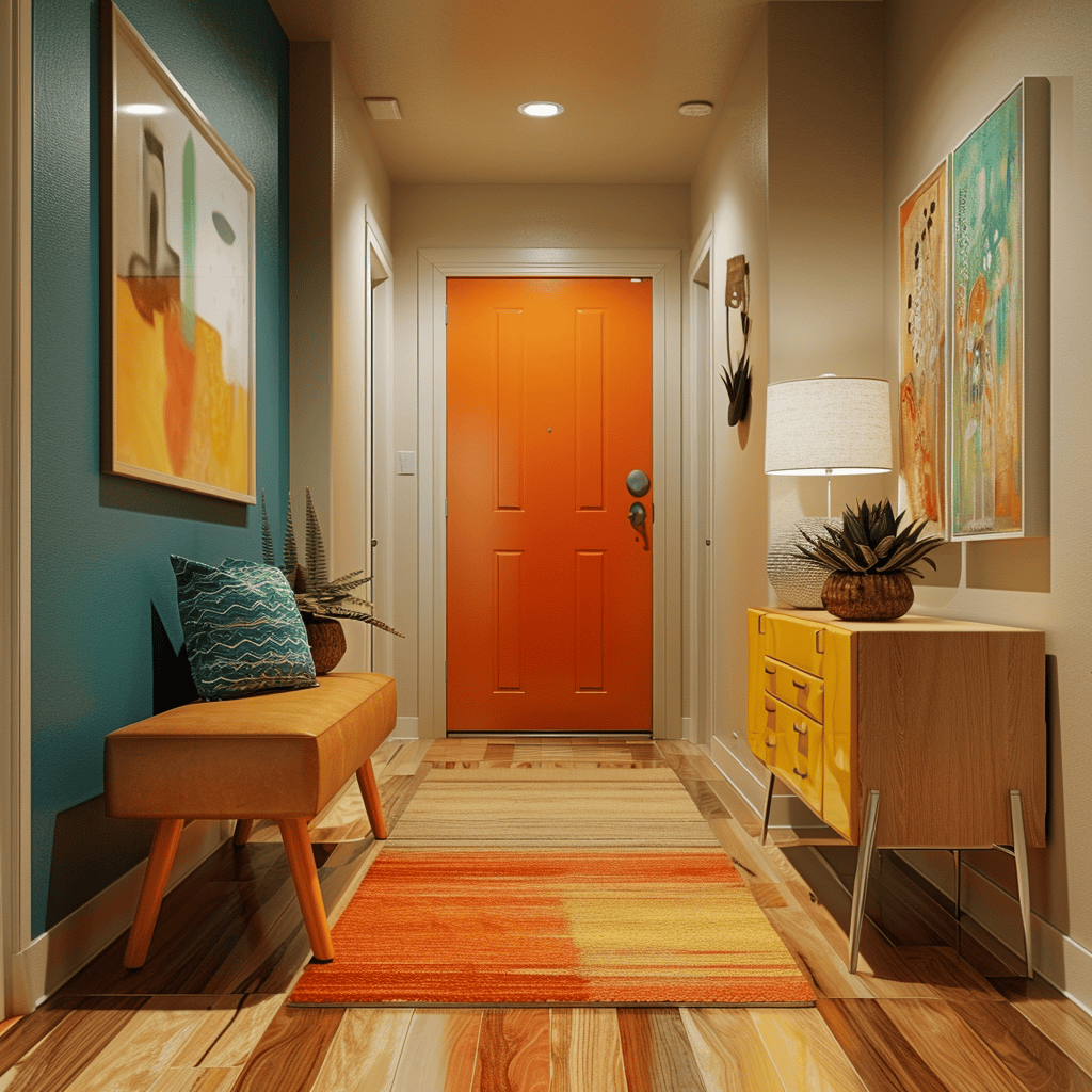 A vibrant mid-century modern hallway with bold accent colors like orange, teal, and mustard yellow, balanced by earthy, neutral tones, creating visual interest and depth through contrast2