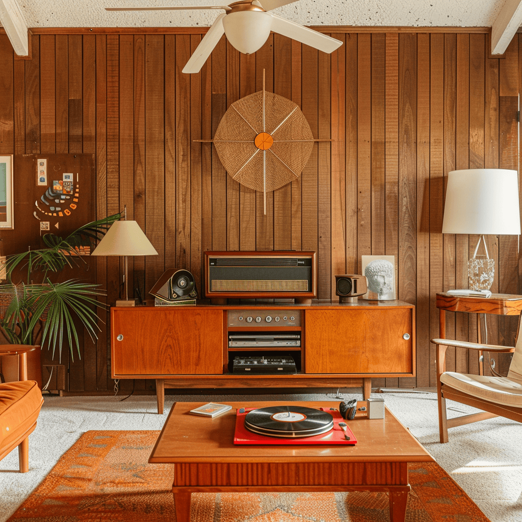 A vintage-inspired mid-century modern living room with wood paneling, retro decor, and a record player, capturing the nostalgic charm and enduring appeal of the design style4